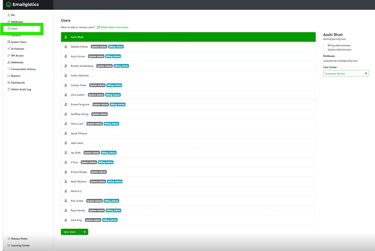 Users section in the Emailgistics Admin Center