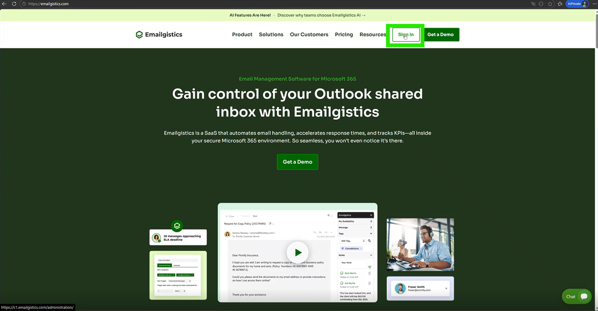 Emailgistics website with Sign In button highlighted