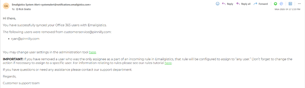 Email notification from Emailgistics confirming users were synced and removed