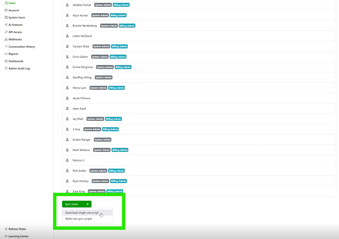 Sync Users dropdown showing Download single-use script option