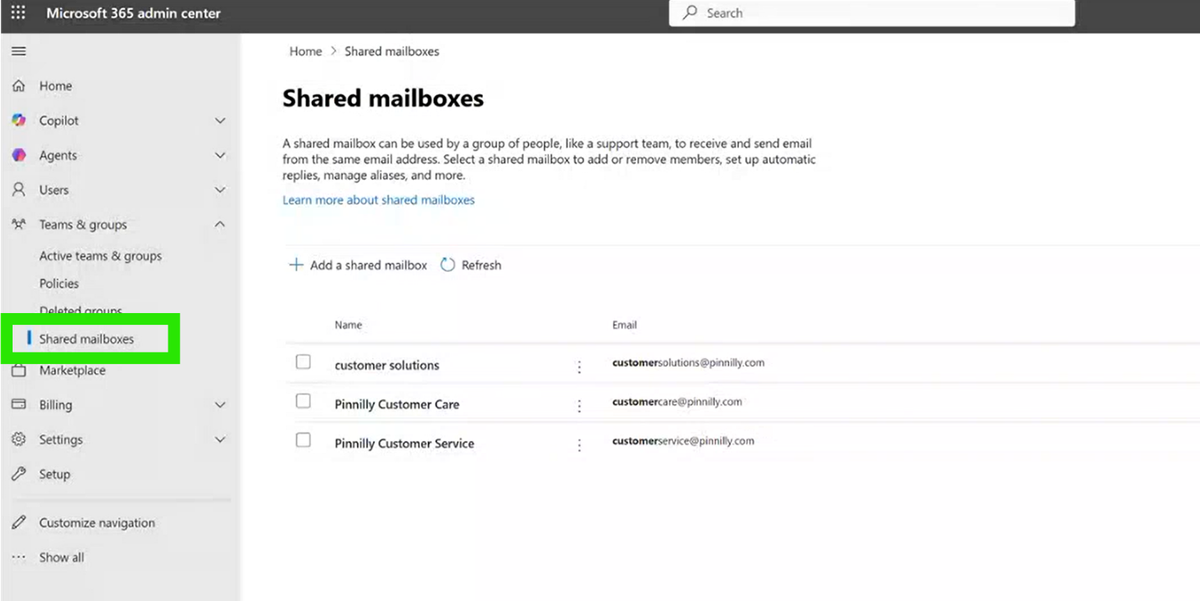 Shared Mailboxes section in Microsoft 365 Admin Center