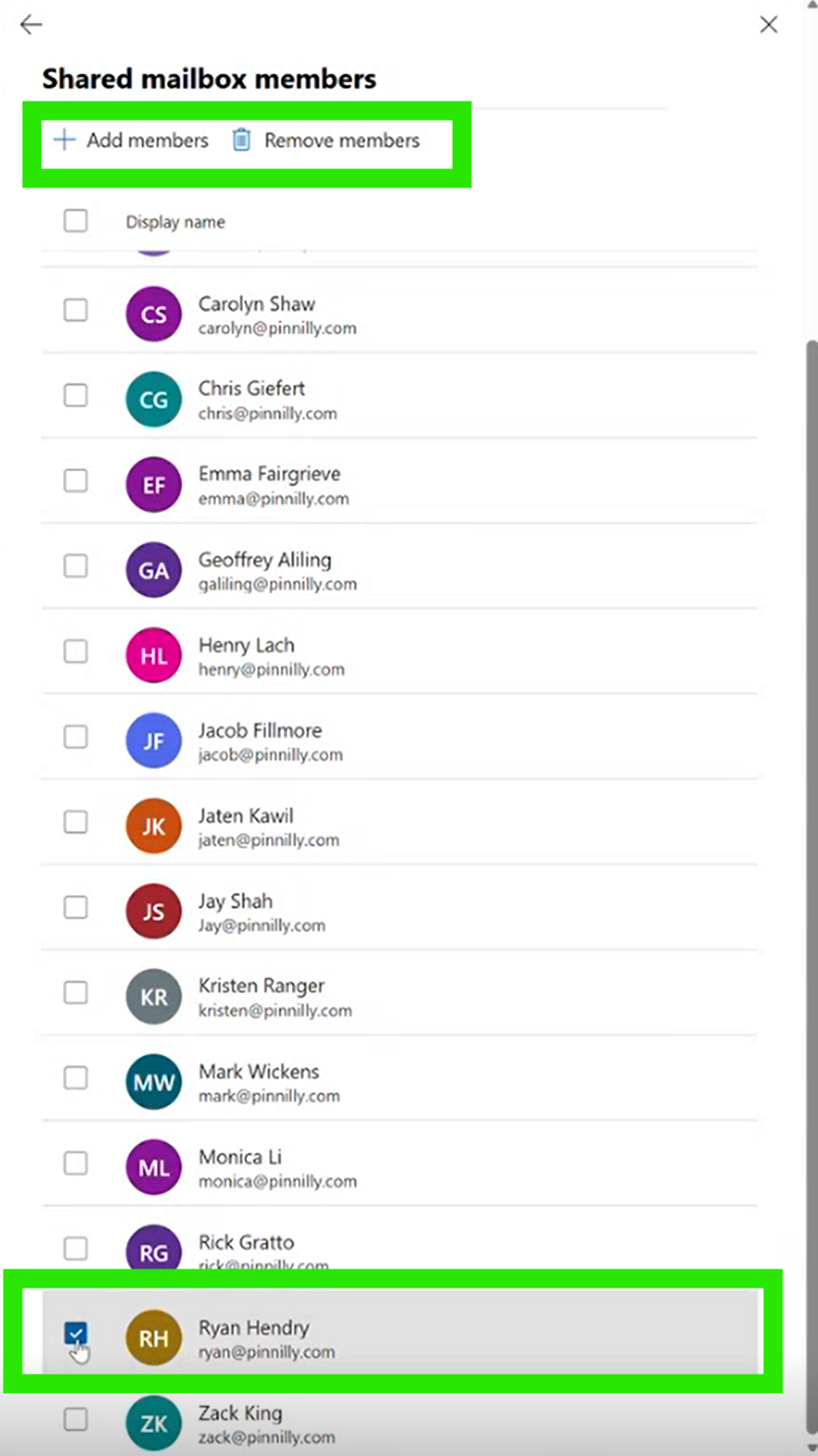 Add members and Remove members buttons in the Shared mailbox members panel