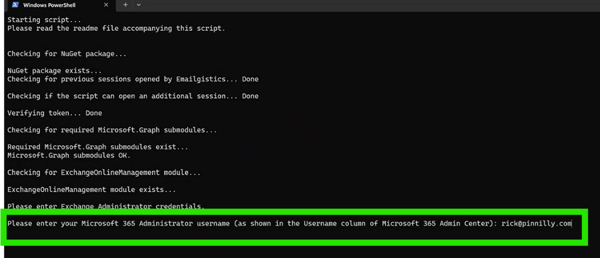 PowerShell script running with admin username prompt highlighted