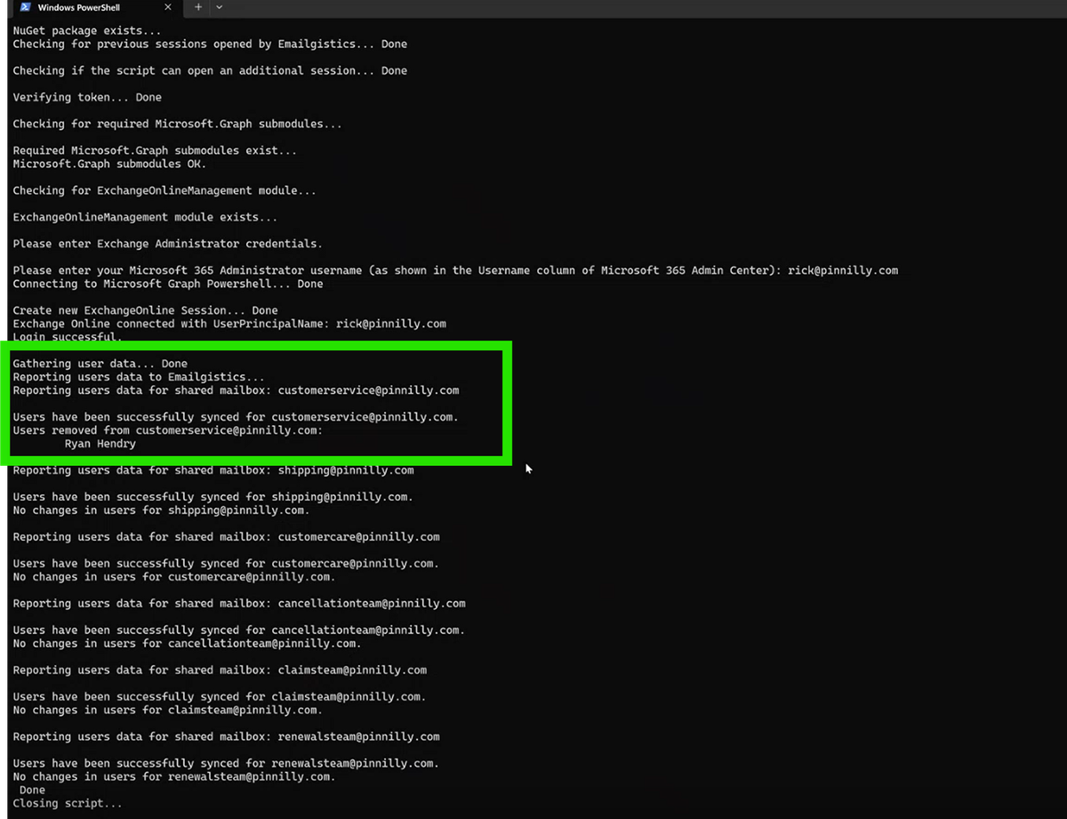 PowerShell script completion showing synced mailboxes and removed users
