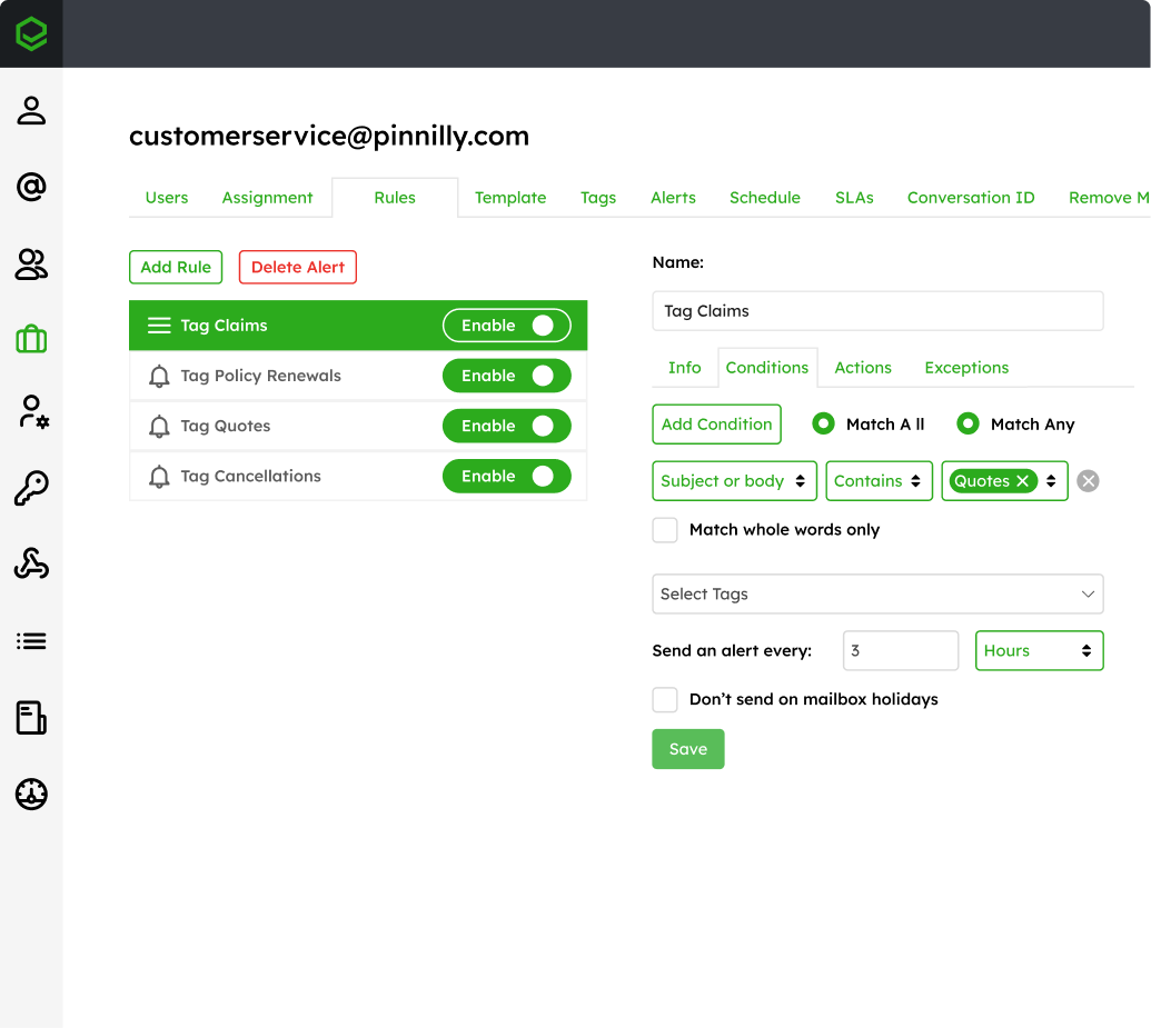 Rule conditions configuration in Emailgistics