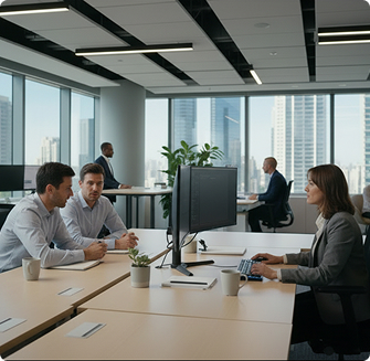 Team collaborating around a shared inbox in a modern office